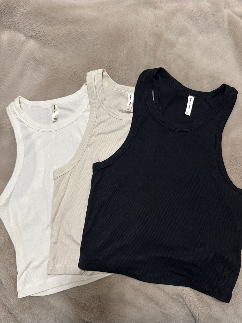 Aritzia Ribbed Tank Trio in Black, White, and Cream